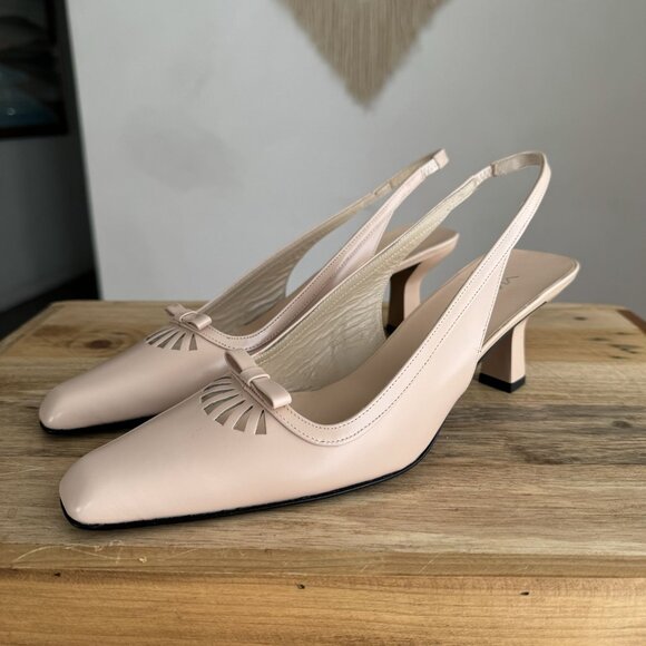 Vintage Via Spiga Box Leather Pink Light Beige Pointy Toe Slingback Kitten Heel - Picture 1 of 14
